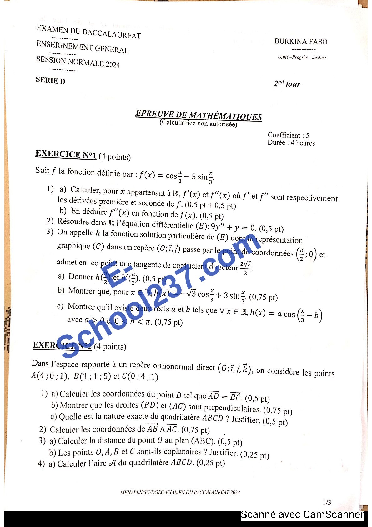 BAC D 2024 BURKINA FASO 2e tour corrigé